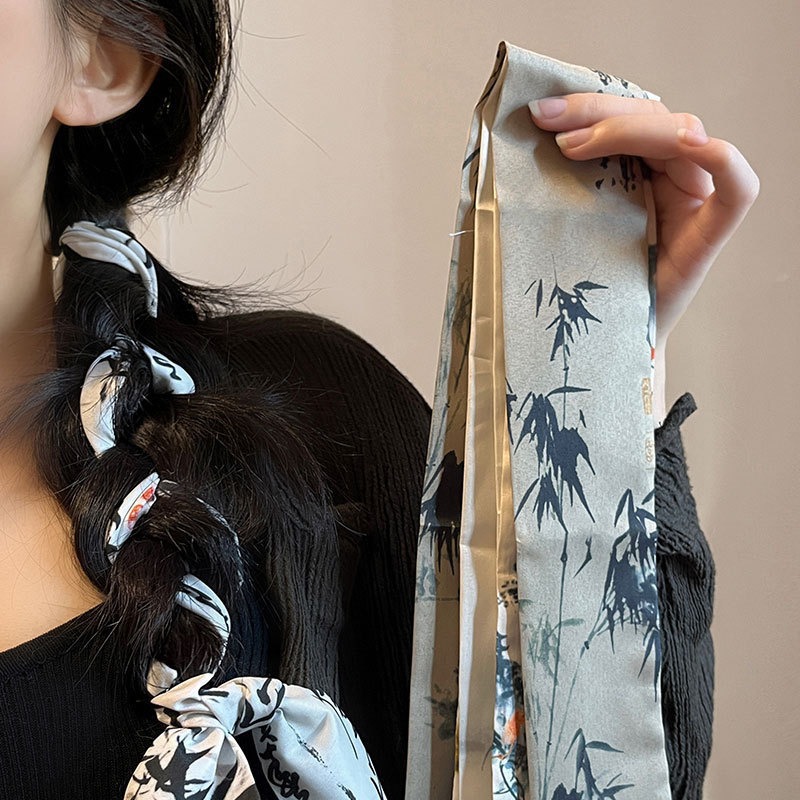 「墨竹白鹤」国潮水墨画古风布艺丝巾发带女新中式飘带发绳发饰品