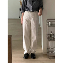 现 2024春季新款韩国设计师纯色高腰xian瘦直筒宽松休闲牛仔裤