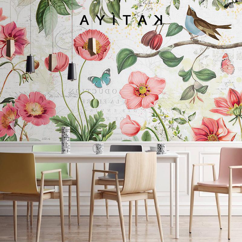 美式田园复古壁纸花卉墙布手绘艺术客厅电视背景墙无缝壁画