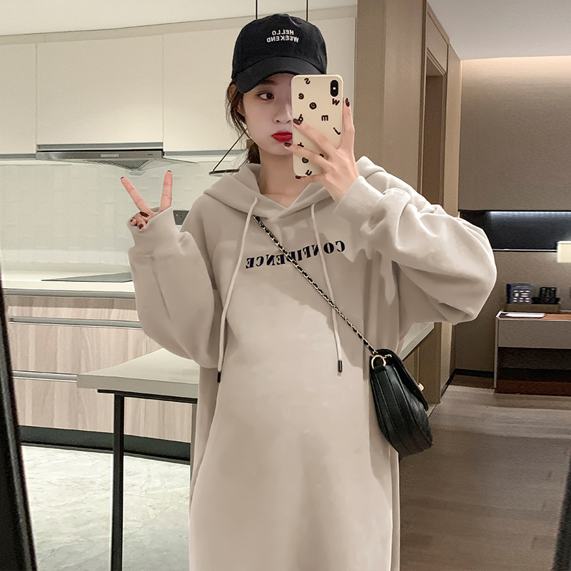Pregnant Women's Fleece-Lined 2023 New Letter Print Drawstring Hoodie Western Style Autumn and Winter Large Size Gray Dress