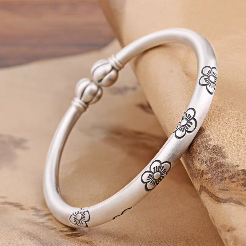 s9999足银南瓜头银手镯女纯银复古梅花开口中国风银饰品直播-阿里巴巴