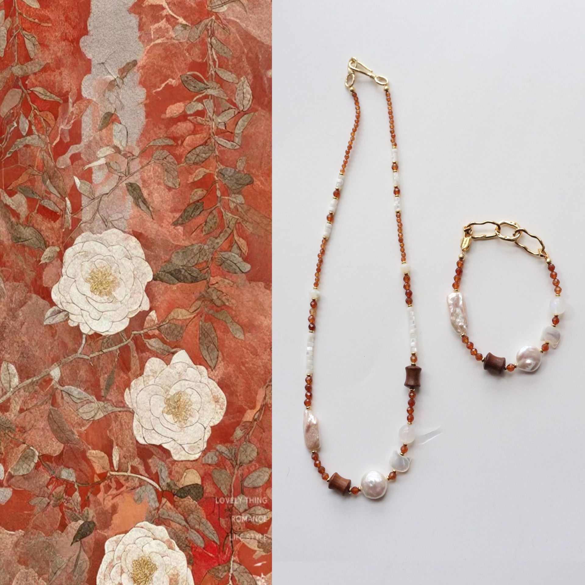 雍容复古焦糖色橙石榴石串珠项链巴洛克淡水珍珠颈链花梨木静心