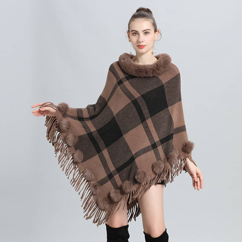 European and American Autumn and Winter New Faux Fur Collar round Neck Plaid Fur Ball Pullover Sweater Cape and Shawl Coat Female 0972#