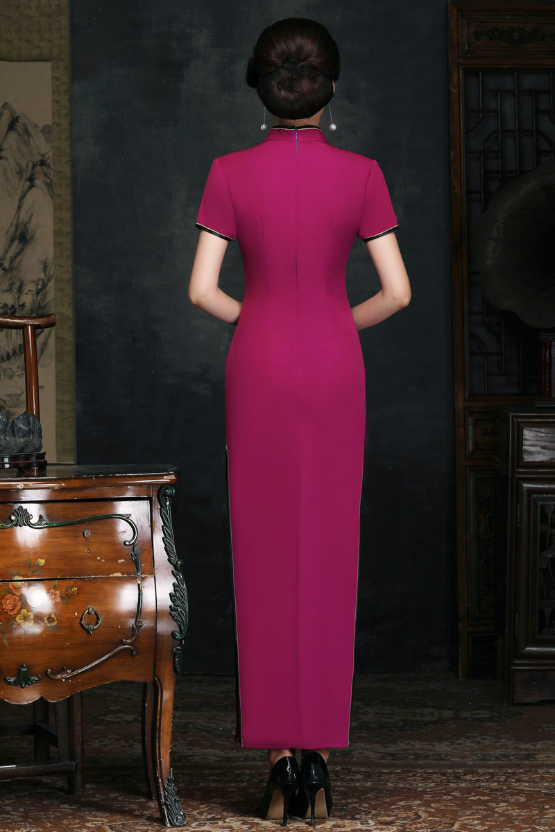 走秀旗袍长款高档纯色开叉舞台演出服大码弹力修身优雅端庄大气女