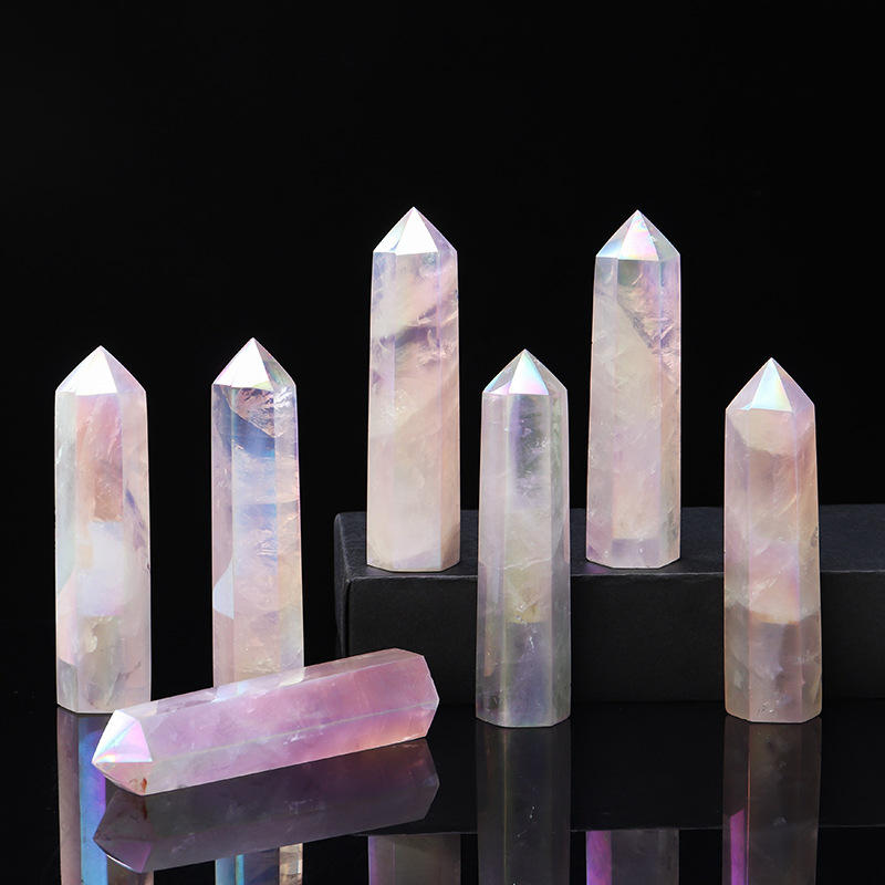 天然电镀粉水晶柱芙蓉石原石单尖六棱柱家居办公桌面装饰风水摆件