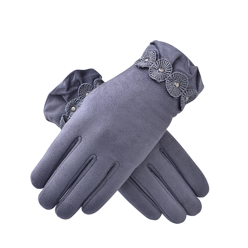 Solid Color Suede Gloves Women's Cold-Proof Warm Finger Cloth Gloves Four Flowers Decorative Outdoor Sports Riding Gloves