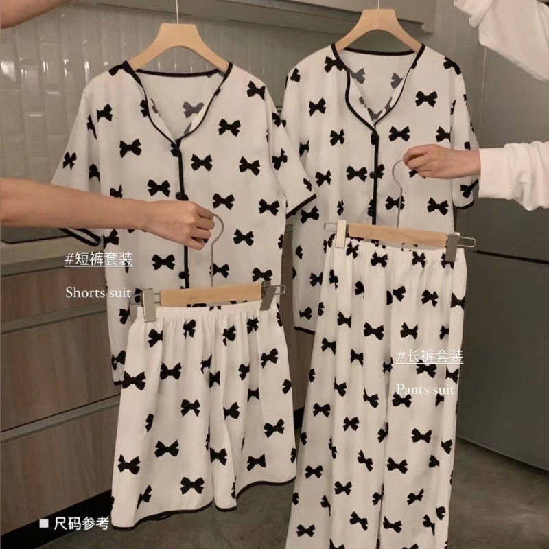 Bowknot Ice Silk Shirt Pajamas 2023 Korean Cute Women's Summer Internet Celebrity Short Sleeve Two-Piece Thin Homewear Ins