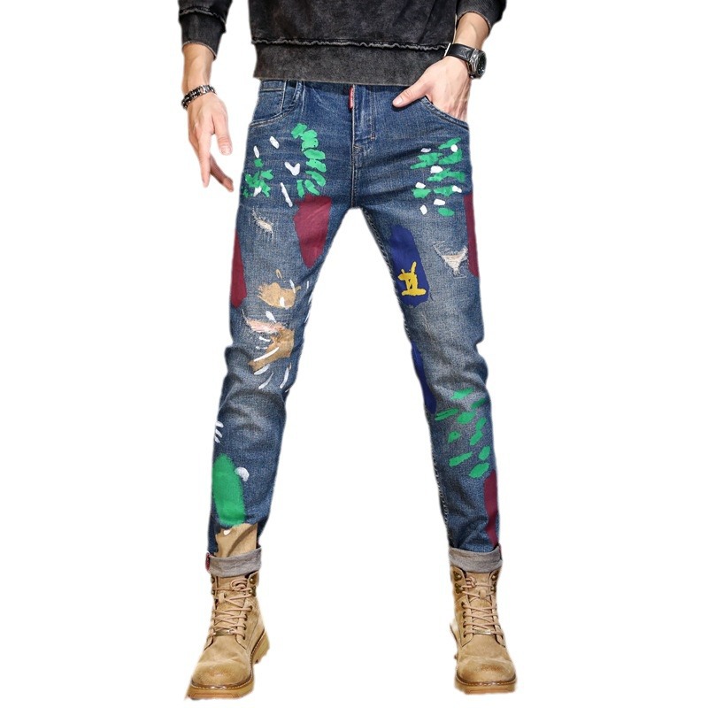 外贸潮牌破洞牛仔裤男士新款速卖通补丁贴布涂鸦修身弹力小脚长裤