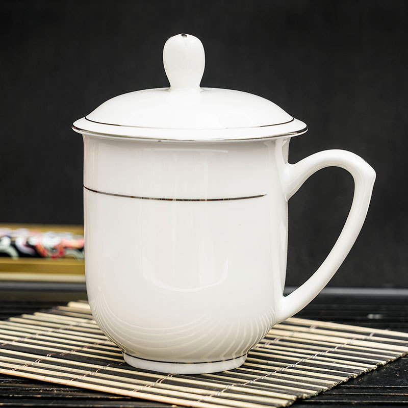 景德镇陶瓷带盖茶杯杯子陶瓷杯办公会议水杯宾馆单位口杯刻字