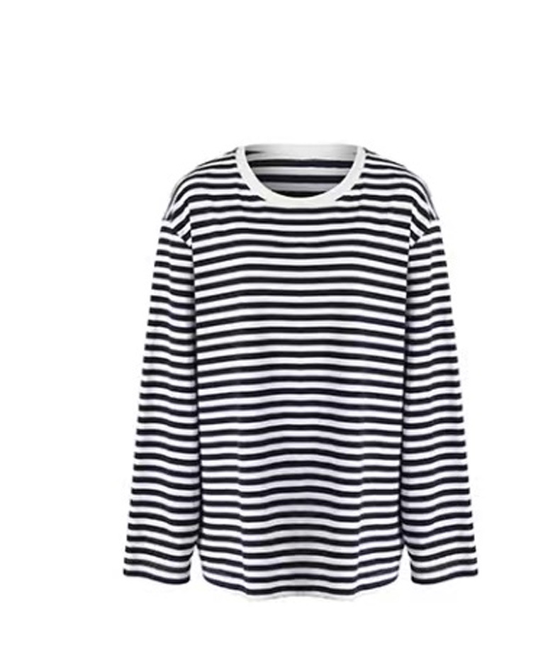 经典黑白条纹设计长袖上衣圆领百搭t恤