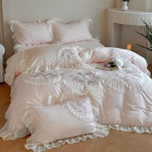 春夏100S天丝棉提花四件套床单床盖粉色刺绣清新床上用品被套高档