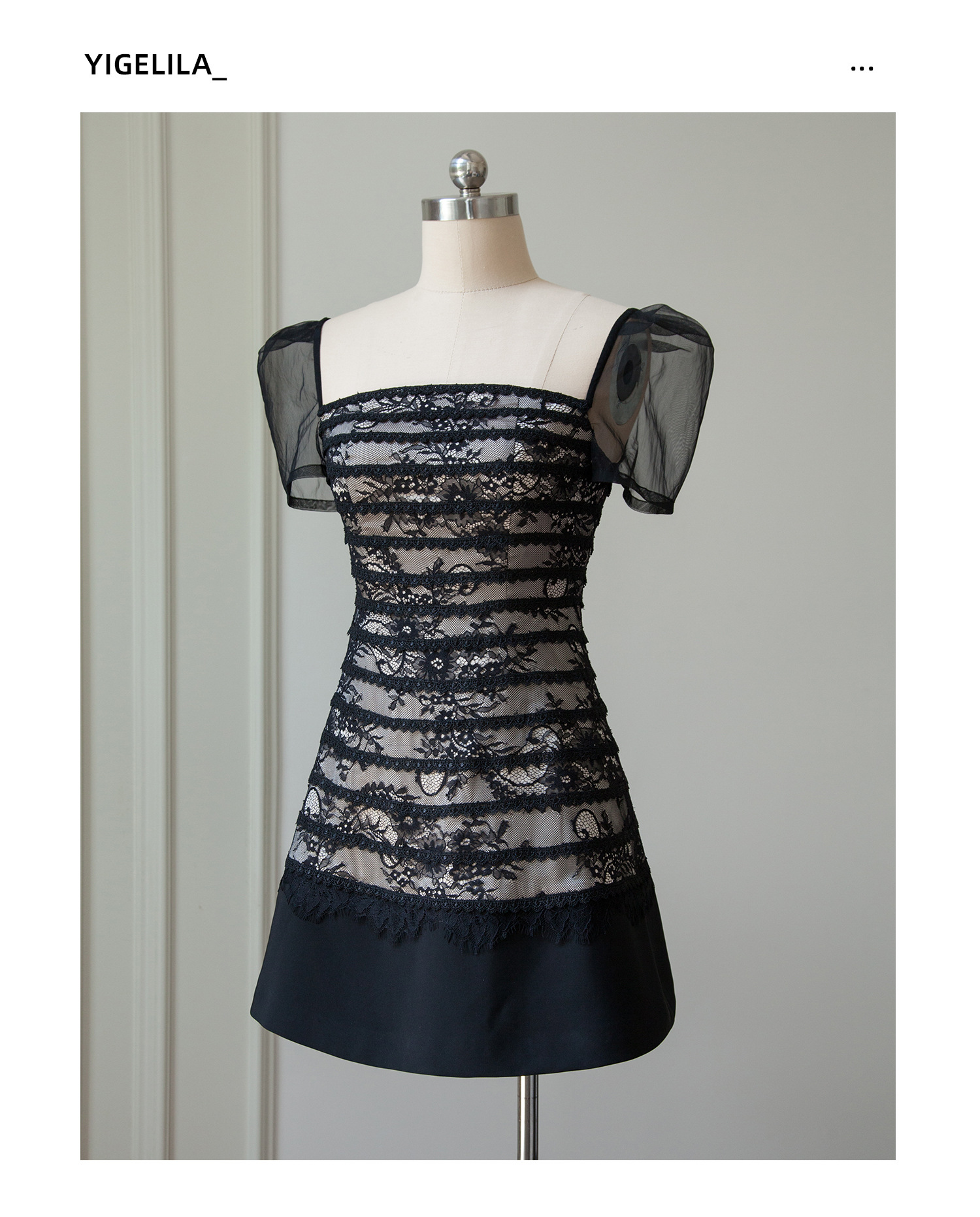 复古气质方领露背绑带泡泡袖显瘦修身减龄蕾丝花纹连衣裙女 66880