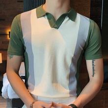 日韩外贸男装 夏季新款翻领针织衫 拼接撞色套头商务POLO衫SY0078