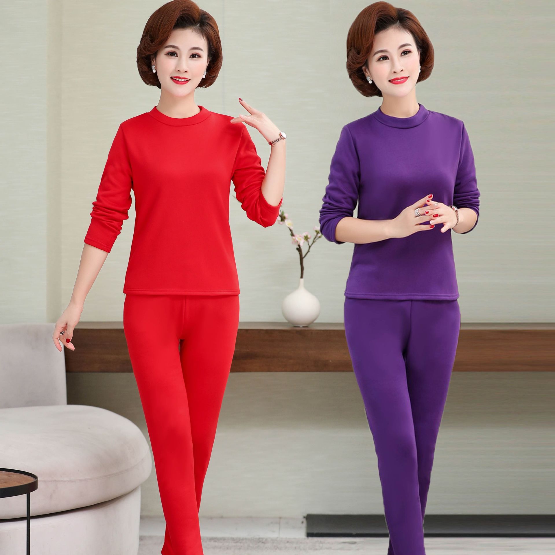 冬季保暖内衣女加绒加厚妈妈保暖衣套装中老年女装上衣裤子两件套