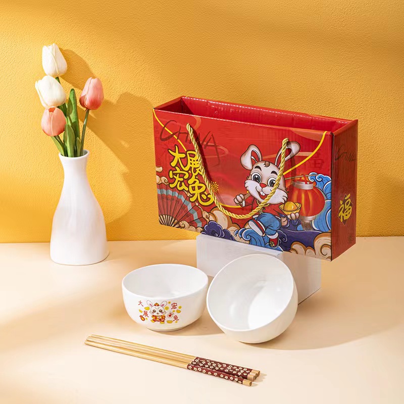 Adorable Rabbit Cutlery Bowl and Plates New Year Gift Bowl and Chopsticks Sales Supplies Gift Supplies Company Annual Celebration Small Gifts Wholesale