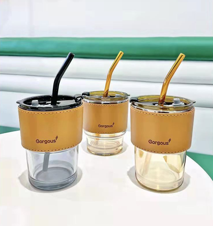 抖音爆款玻璃水杯隔热防滑杯套 ins风咖啡奶茶pu皮革杯套