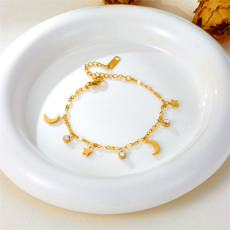 星月带钻钛钢脚链女流行腿环 抖音爆款森系18k玫瑰金闺蜜姐妹饰品