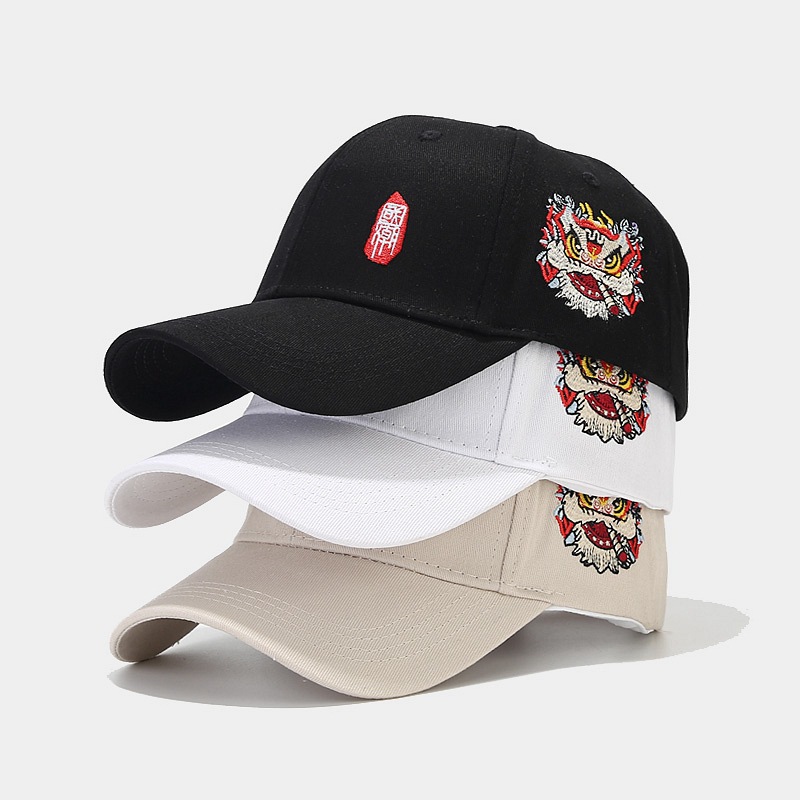 国潮风时尚鸭舌帽个性街头舞狮头刺绣棒球帽硬顶遮阳帽户外帽子男