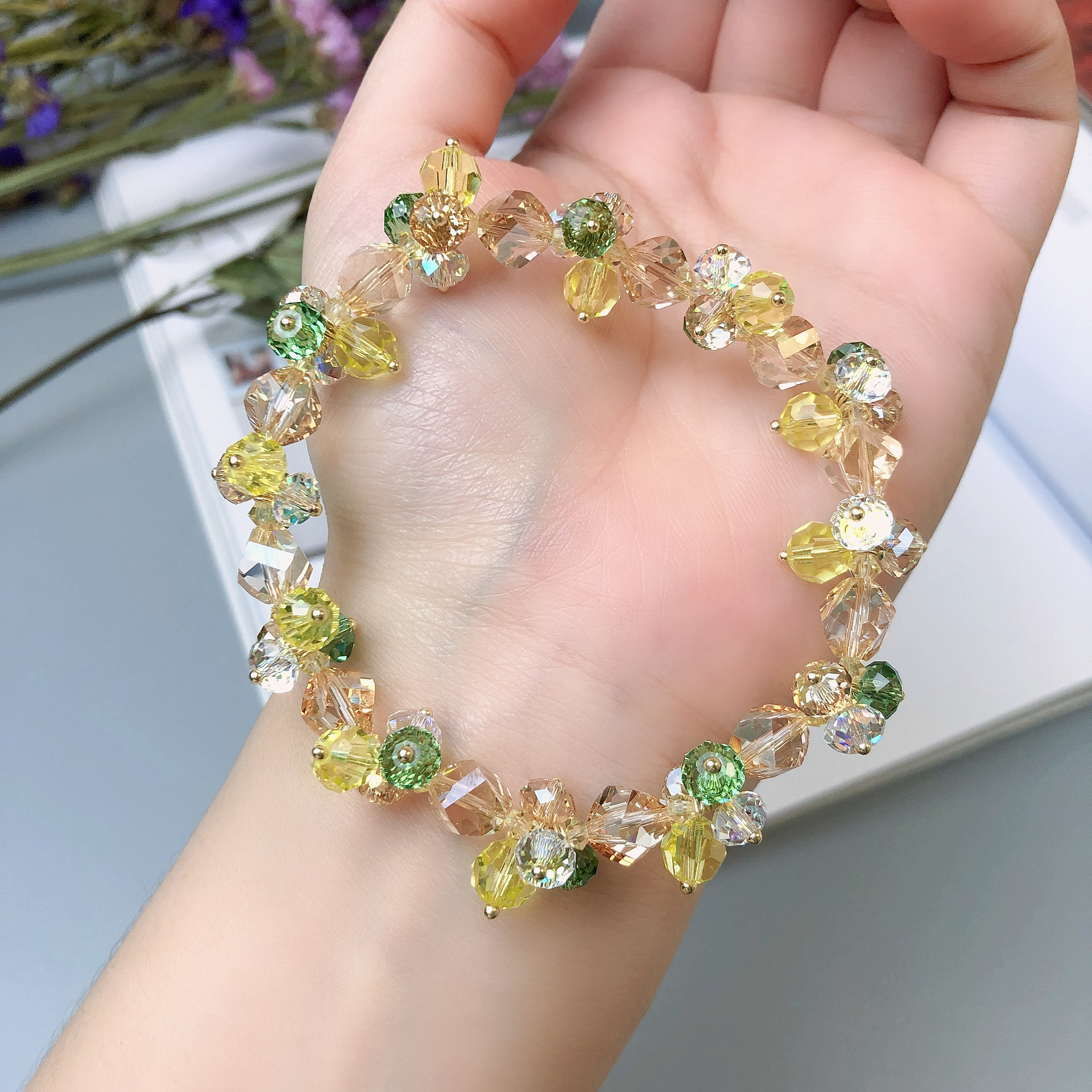 黄色简约大气时尚气质高级手链女奥地利水晶手串手工diy饰品配饰