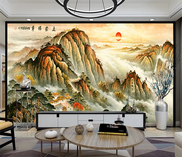 电视背景墙墙纸办公室有山无水靠山图五岳独尊3d壁画泰山日出墙布