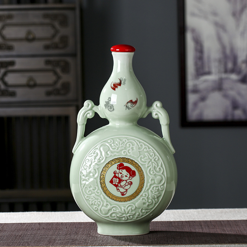 d4q8现代陶瓷空酒瓶1斤3斤5斤绿色白菜密封家用酒壶存藏白酒坛酒 图片