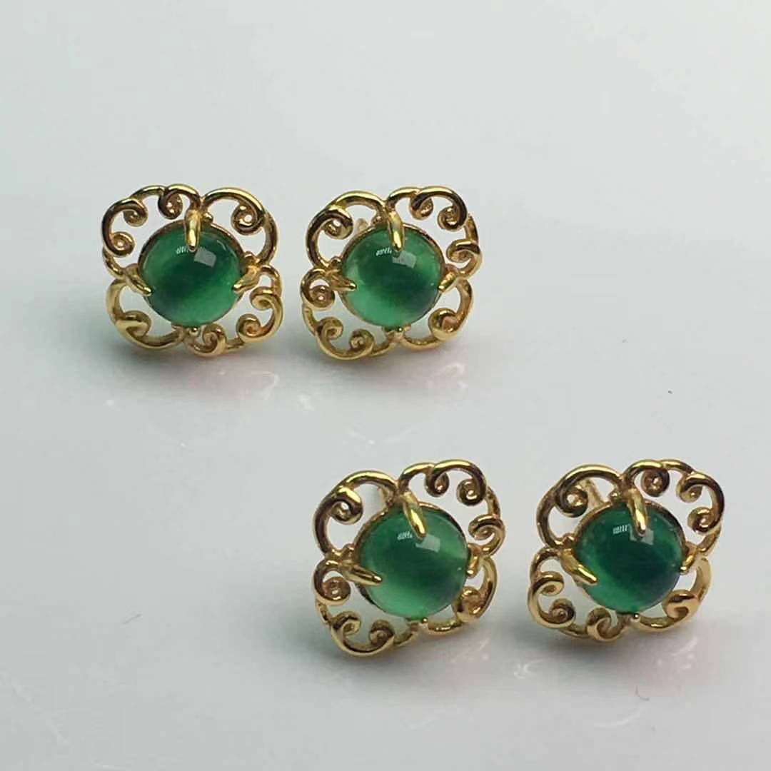 绿玉髓亮金复古款耳钉s925银针镶嵌绿玛瑙耳饰品直播工厂批发