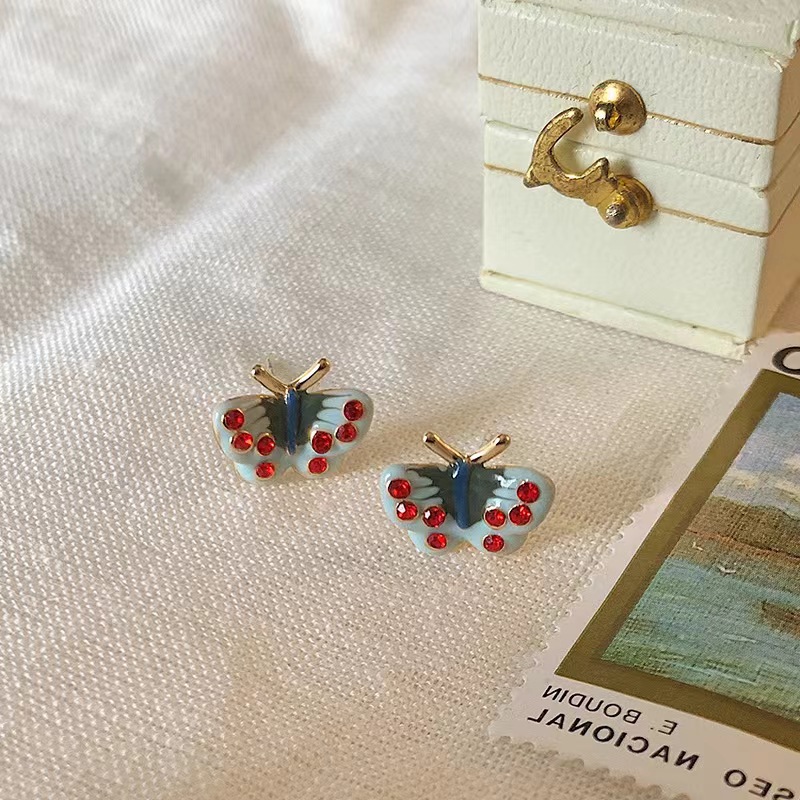 [Forest Butterfly] Cute Mini Enamel Drip Glazed Blue Butterfly Stud Earrings Women's Elegant High-Grade Earrings Earrings Earrings