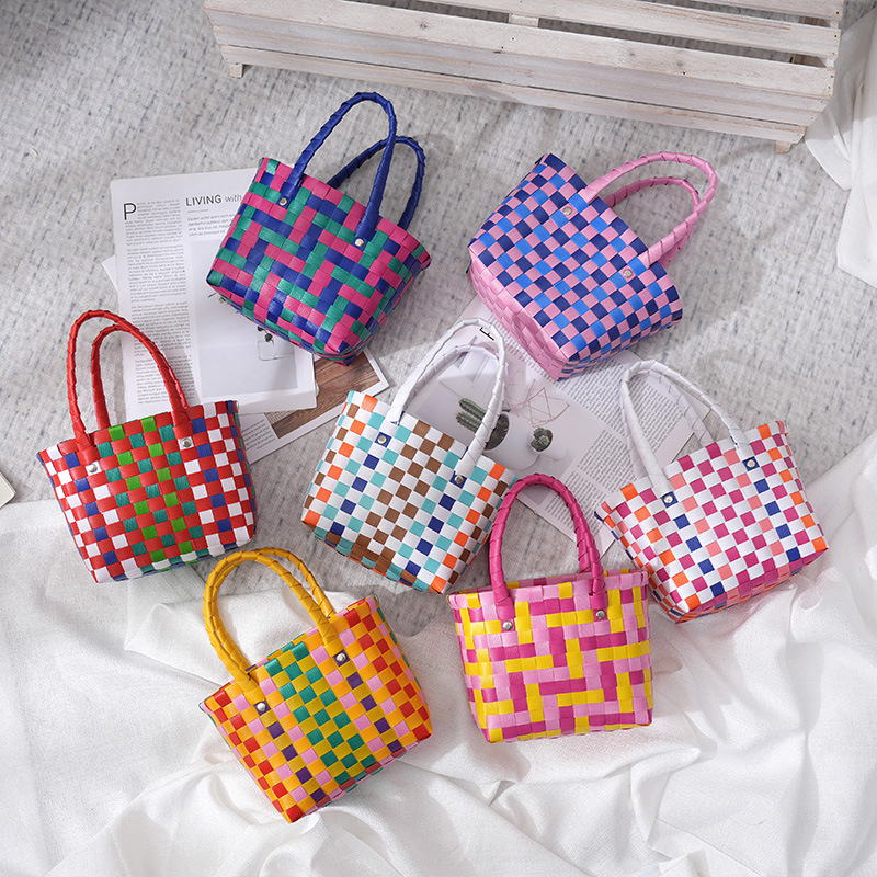 mosaic woven bag picnic shopping storage basket colorful woven pouch hand-woven square handbag