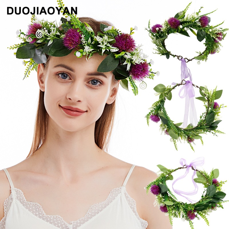 欧美跨境新款仿真花手工草环森系海边度假田园风拍照新娘花环头饰