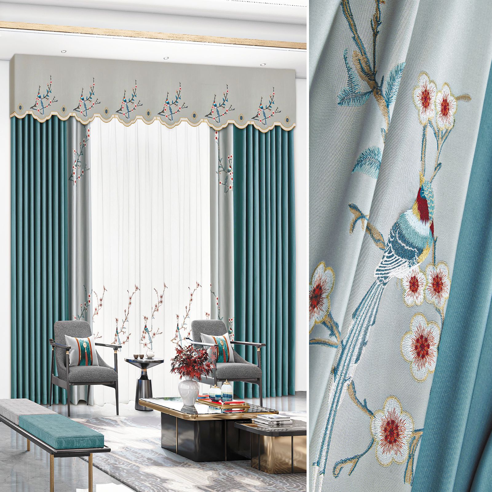 新中式窗幔清仓高精密棉麻客厅窗帘布料批发提花刺绣特价成品轻奢