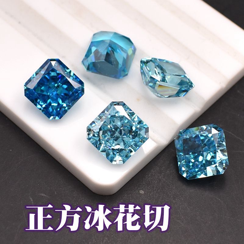 海蓝高碳钻冰花切宝石正方倒角冰花钻海蓝锆石冰花切雷迪恩-阿里巴巴