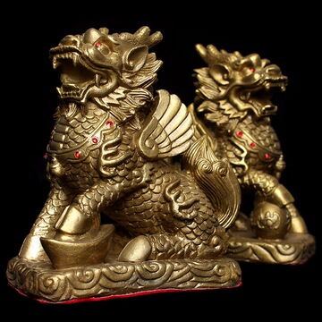铜麒麟摆件一对 纯铜黄铜财富麒麟摆件   招财饰品家居装饰品