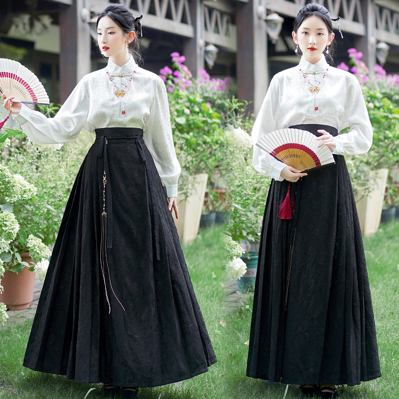 New Chinese Style Satin Jacquard Shirt Stylish Shirt Top Jacquard Horse-Face Skirt Retro Han Chinese Clothing Suit