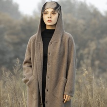 外穿气质新款大衣%女连帽针织开衫100长款外套羊绒纯羊毛休闲秋冬