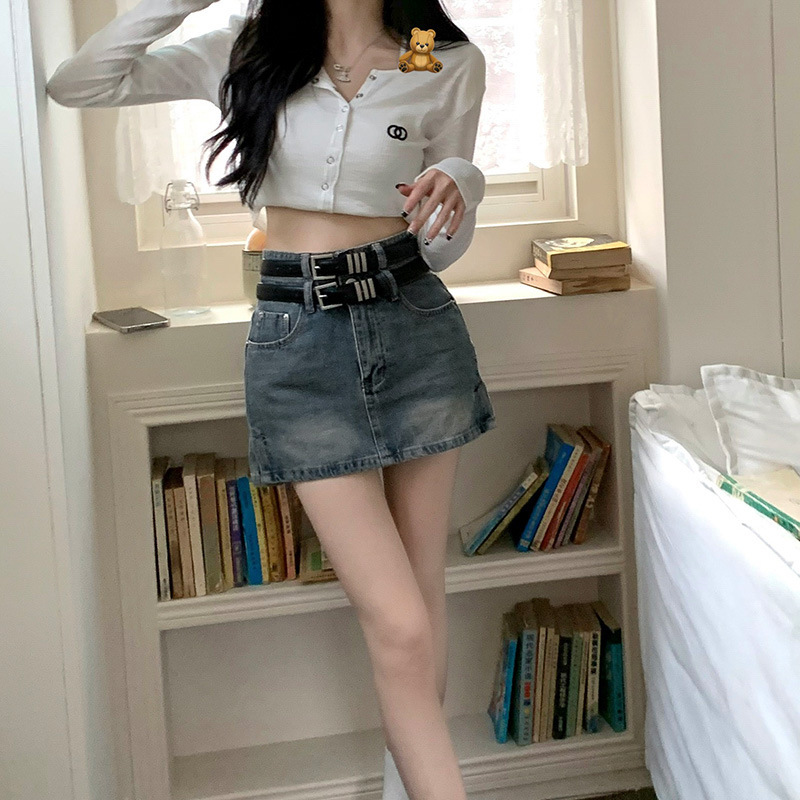   0201 Hot Girl Retro Denim Skirt Women's Double Belt Skirt High Waist Slimming Petite Short Dress Hip Skirt