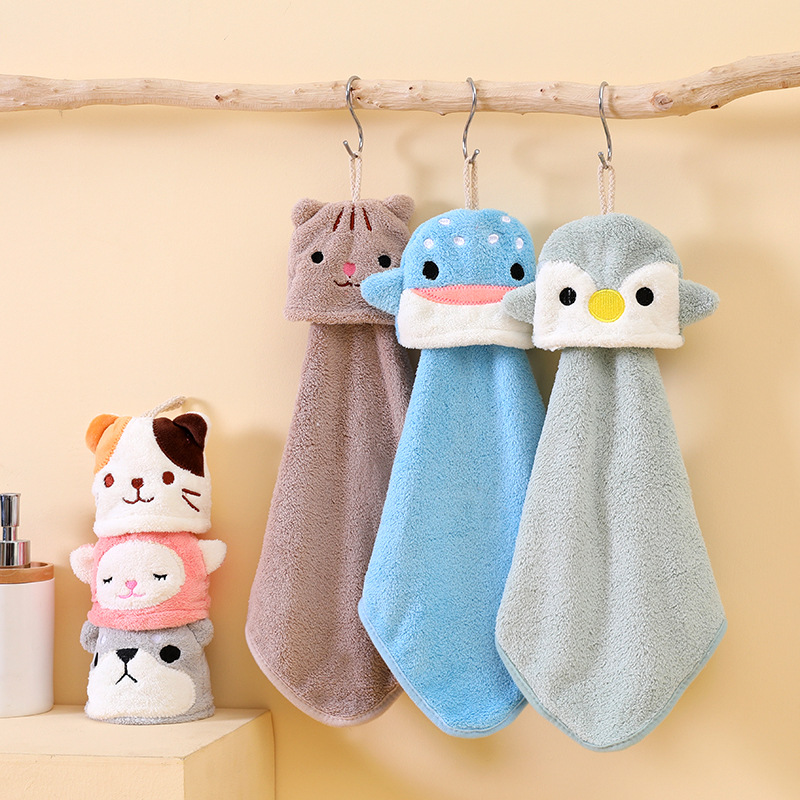 厨房擦手毛巾挂式可爱卡通动物吸水幼儿园儿童珊瑚绒擦手巾批发