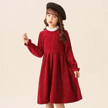 女童连衣裙冬季新款儿童时髦公主裙冬裙小女孩新年装红色洋气裙子