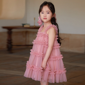 女童蓬蓬纱公主裙义乌聆风新款吊带连衣裙牛油果色超仙女宝礼服裙