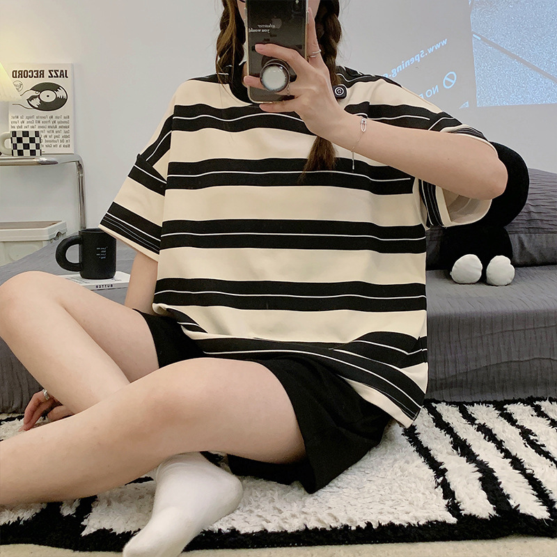 Cartoon Cotton Pajamas Women's Summer Thin round Neck Striped Girl Short Sleeve Short Belt Chest Pad Cotton Home Wear Women's Suit