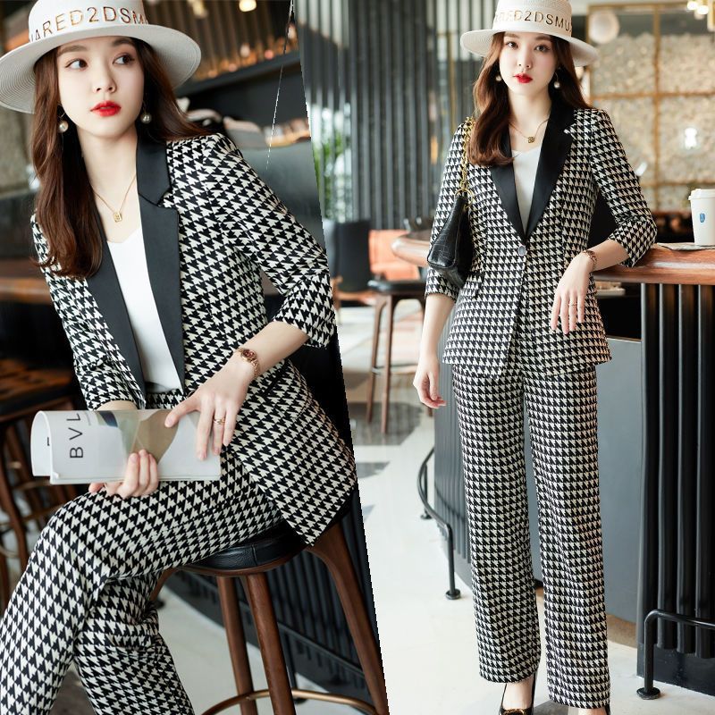 职业套装女时尚气质女神范千鸟格设计感小众修身显瘦两件套春装潮