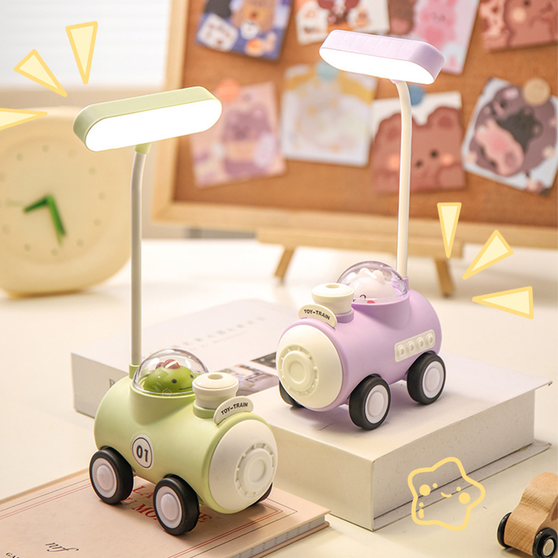 Led Small Train Table Lamp with Pencil Sharpener Cute Desk Decoration Small Night Lamp Cartoon Stationery Gift