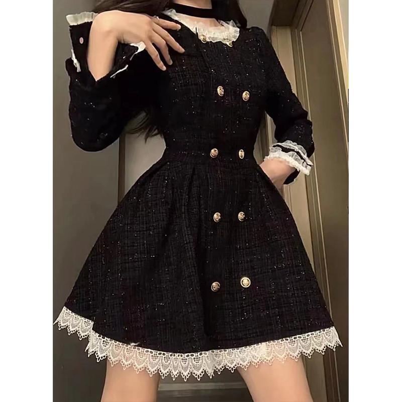 Olihepburn Black High-Grade Sweet Cool Classic Style Court Vintage Ruffled Breasted Chunky Princess Dress