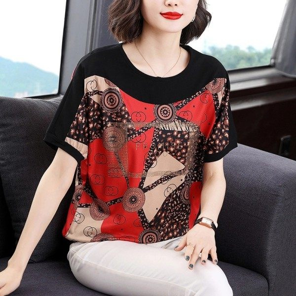 Mother's Wear 2023 New Fashion Foreign Trade Popular Style Stitching Large Size Women's Printed round Neck Short Sleeve T-shirt Women's Top