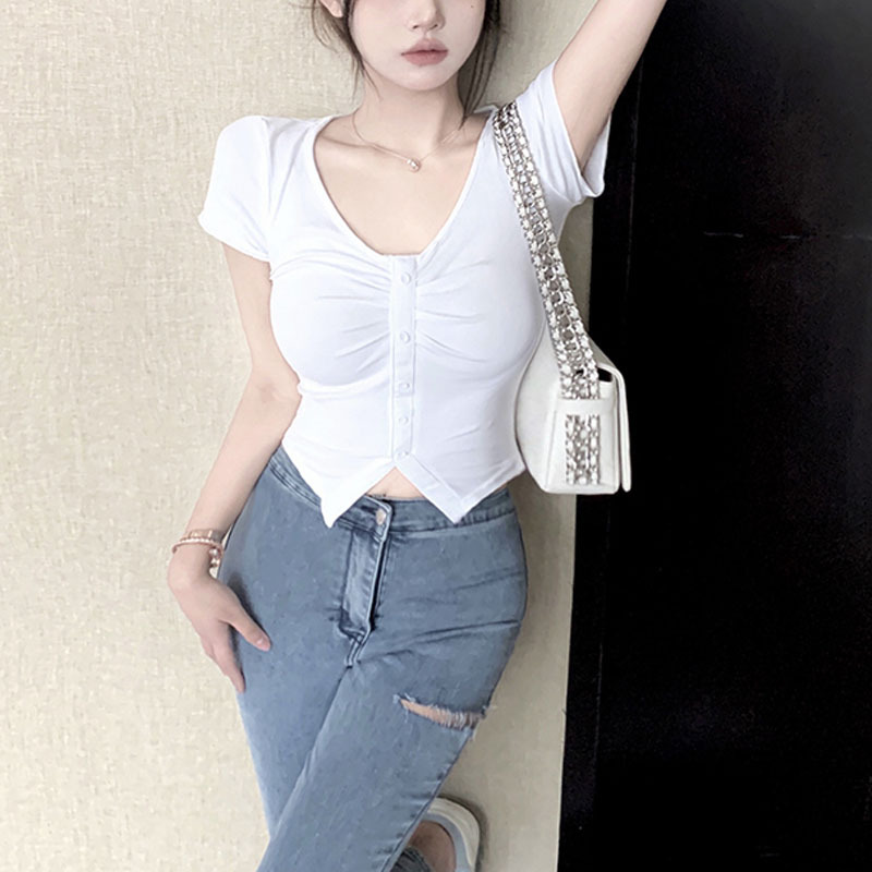 Mu Ge Tiancai Hotty/Summer V-neck Pleated Short Sleeves T-shirt Women's Design Sense Niche Slim Slimming Hot Girl Top