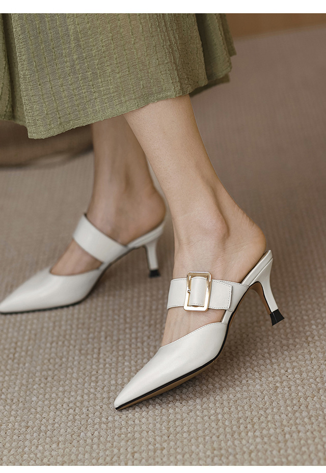 包头鞋凉鞋女夏时尚2021新款半拖白色尖头穆勒鞋高跟中跟后空单鞋