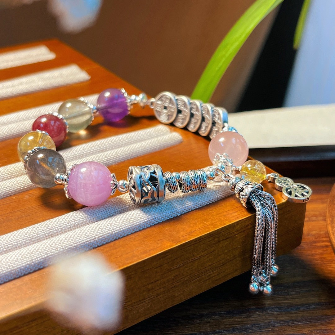 s925银天然七彩水晶多宝手链女款月光石碧玺粉晶紫锂辉流苏手串