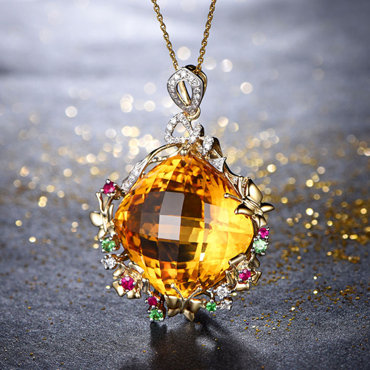 新款紫晶海蓝钻黄晶吊坠 25x25mm超大格子面鸟巢切工主石彩宝项链