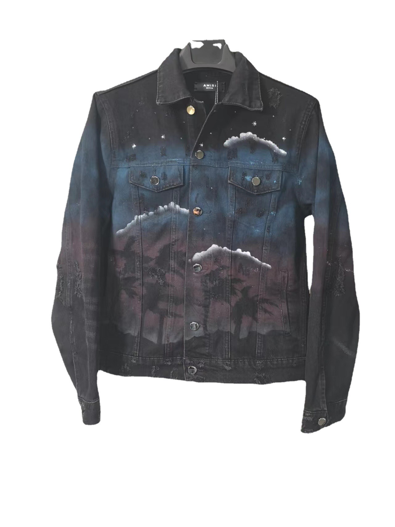 amiri 复古星空狼施华钻闪粉泼墨渲染破坏牛仔夹克#4426