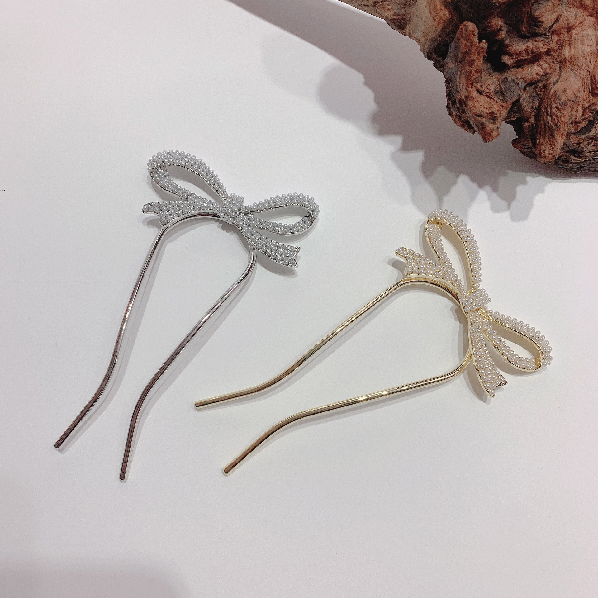 731珍珠蝴蝶结u型发簪盘发发梳半扎丸子头饰发钗女发饰发卡插梳
