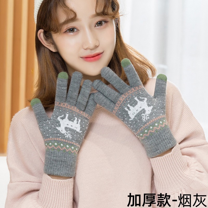 Christmas Female Student Winter Touch Screen Cold-Proof Thermal Knitting Thickened Fleece-lined Cycling Riding Five Finger Gloves Wholesale